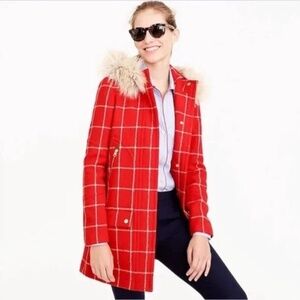 J. Crew Chateau Parka Red Plaid Windowpane Check 100% Wool Hooded Coat Size 0